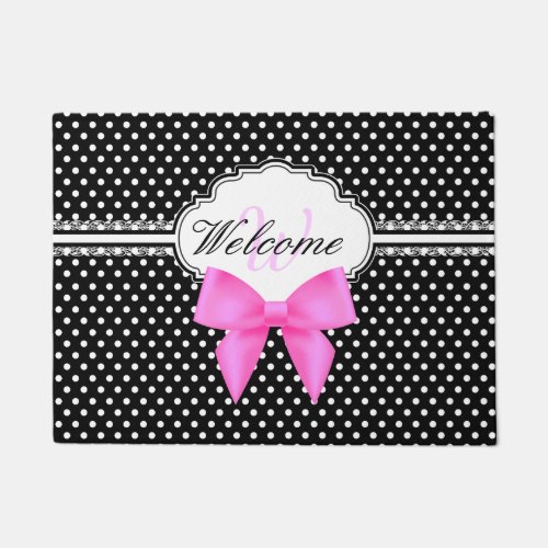 Retro black and white polka dot pink bow monogram doormat