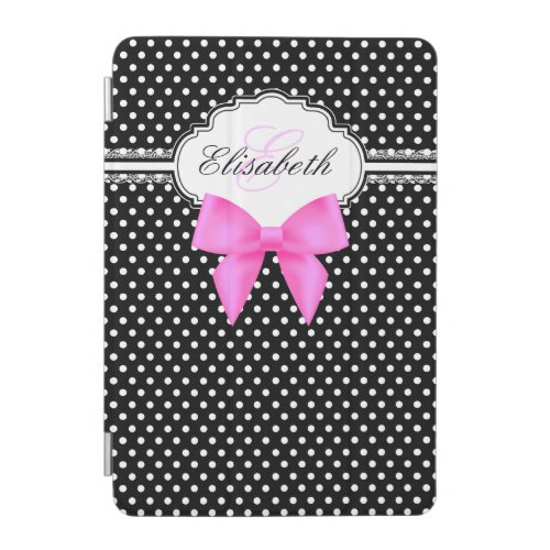 Retro black and white polka dot pink bow monogram iPad mini cover