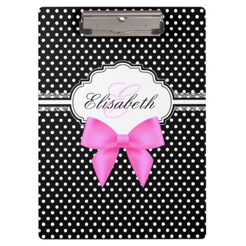 Retro black and white polka dots pink bow monogram clipboard