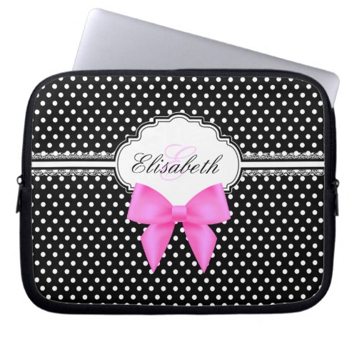 Retro black and white polka dots pink bow monogram laptop sleeve