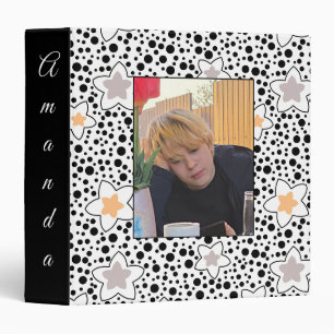 Retro black and white polka dots with stars 3 ring binder