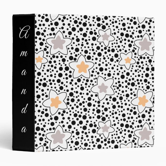 Retro black and white polka dots with stars  3 ring binder (Front/Spine)