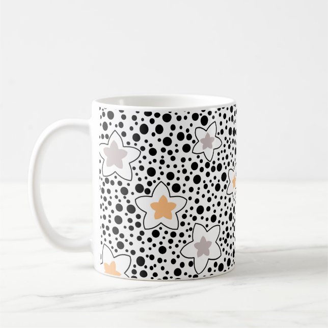 Retro black and white polka dots with stars  coffee mug (Left)
