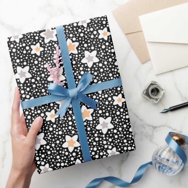 Retro black and white polka dots with stars  wrapping paper (Gifting)