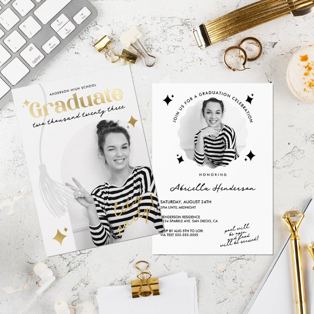 Retro Black and White Sparkle Graduation Foil Invitation (Creator Uploaded)
