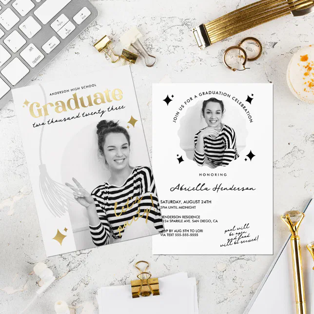 Retro Black and White Sparkle Graduation Foil Invitation | Zazzle