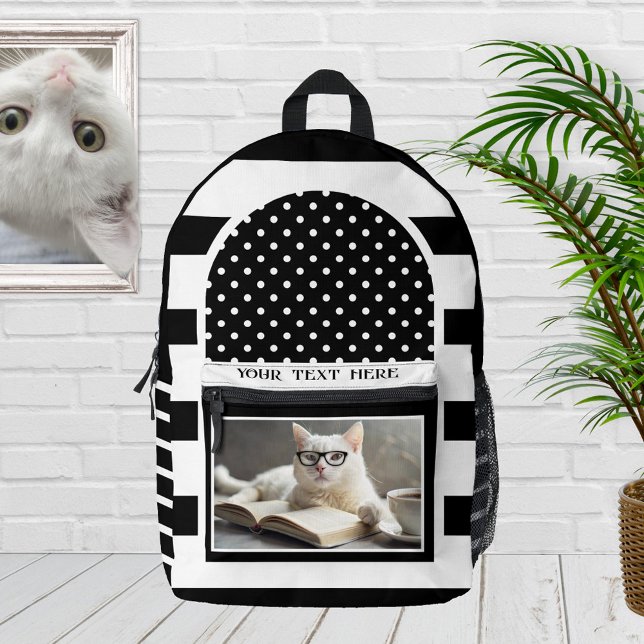 Retro Black and White Striped Funny Cat Photo Printed Backpack (Black and white backpack featuring a retro striped design with polka dots and a funny cat photo)