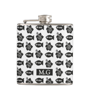 Retro Black and White Tiki Pattern Monogram Flask