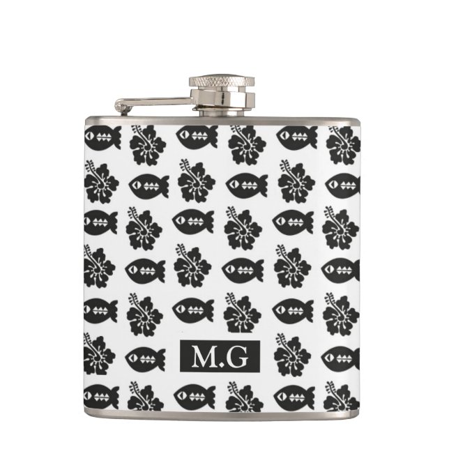 Retro Black and White Tiki Pattern Monogram Flask (Front)