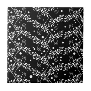 Retro Black and White Vines Folk Floral Pattern Ceramic Tile