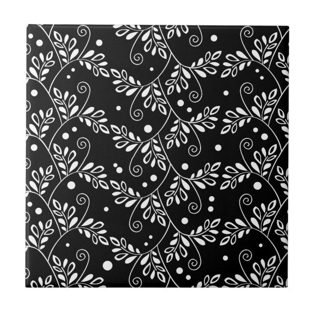 Retro Black and White Vines Folk Floral Pattern  Ceramic Tile (Front)