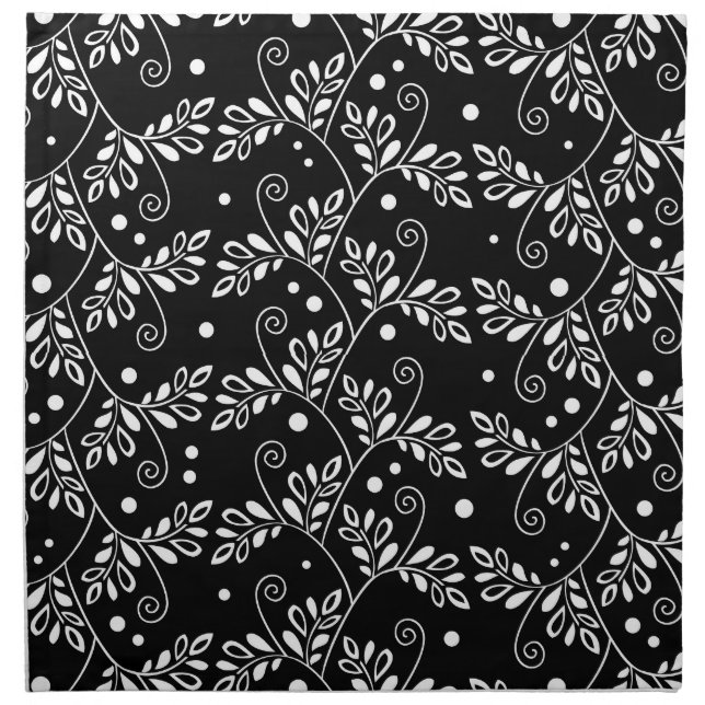 Retro Black and White Vines Folk Floral Pattern  Cloth Napkin (Front)