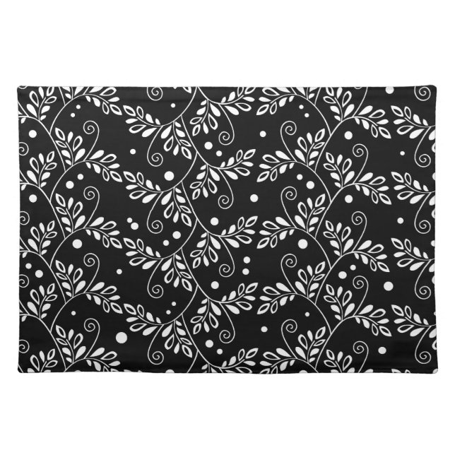 Retro Black and White Vines Folk Floral Pattern  Cloth Placemat (Front)