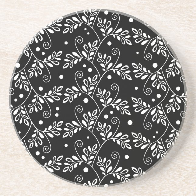 Retro Black and White Vines Folk Floral Pattern  Coaster (Front)