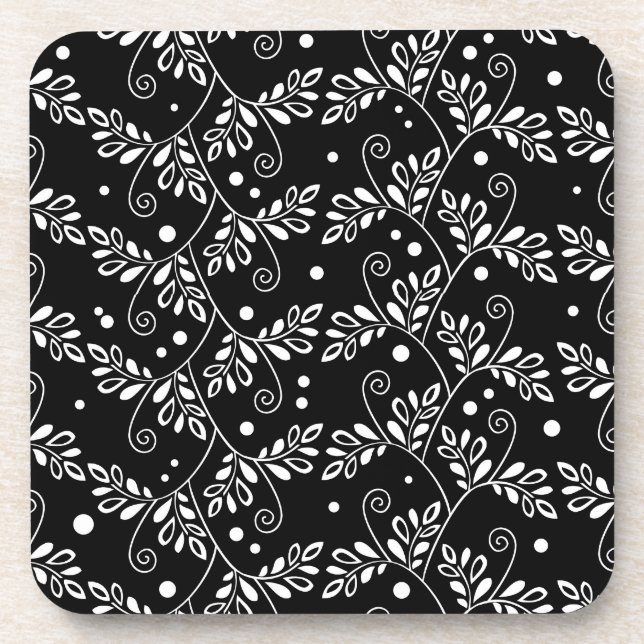 Retro Black and White Vines Folk Floral Pattern  Drink Coaster (Front)