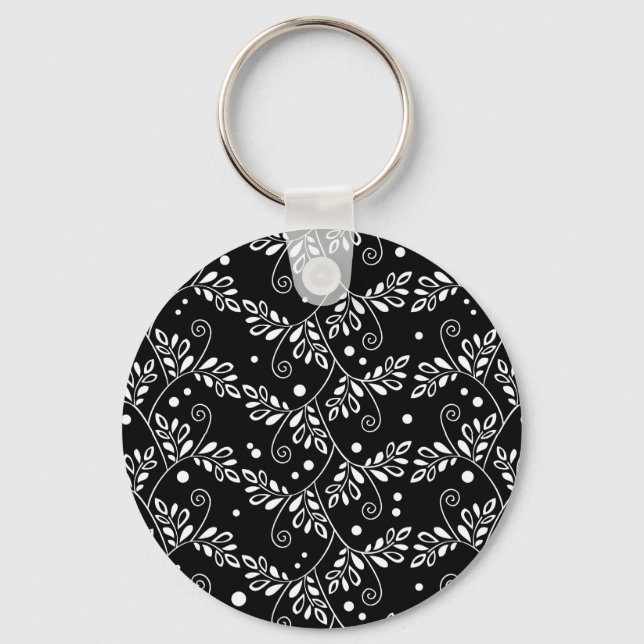 Retro Black and White Vines Folk Floral Pattern  Keychain (Front)