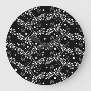 Retro Black and White Vines Folk Floral Pattern Large Clock