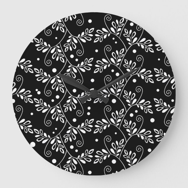 Retro Black and White Vines Folk Floral Pattern  Large Clock (Front)