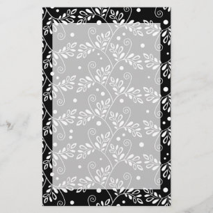 Retro Black and White Vines Folk Floral Pattern Stationery