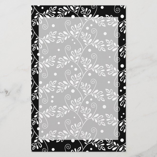 Retro Black and White Vines Folk Floral Pattern  Stationery (Front)