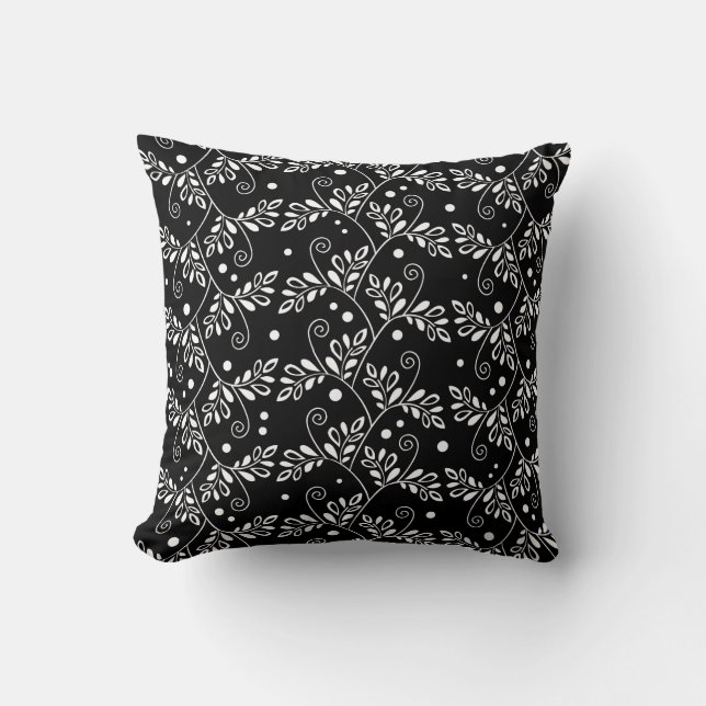 Retro Black and White Vines Folk Floral Pattern  Throw Pillow (Front)