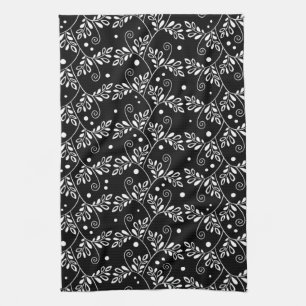 Retro Black and White Vines Folk Floral Pattern Towel