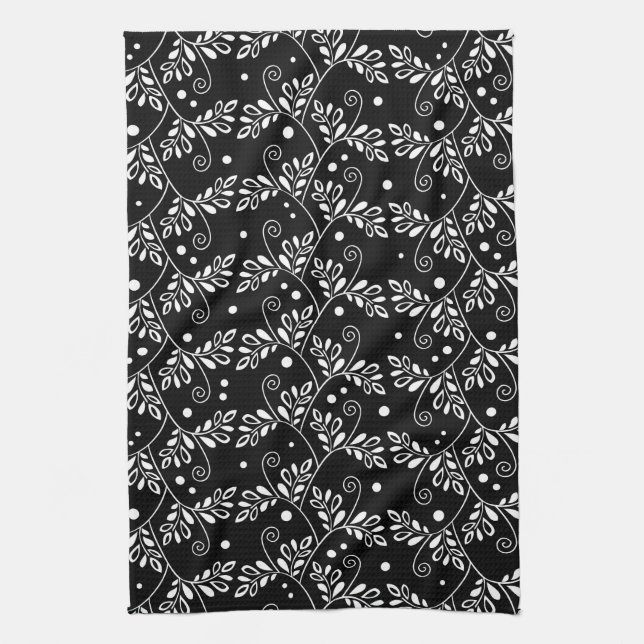 Retro Black and White Vines Folk Floral Pattern  Towel (Vertical)
