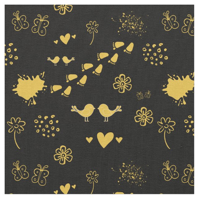 Retro black and yellow pattern of birds, dot fabric (Close Up)