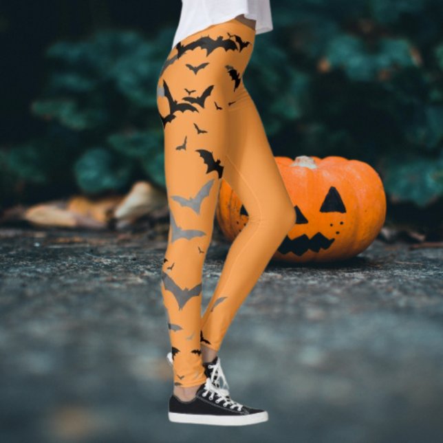Retro Black Bats pumpkins Girlie Minimal Halloween Leggings (Creator Uploaded)