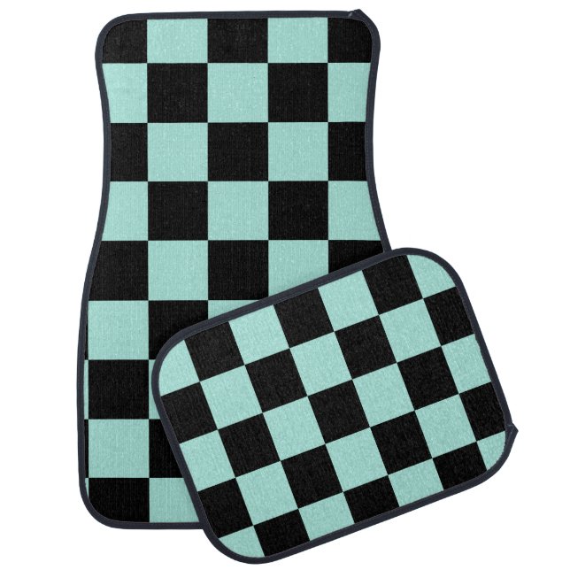 Retro Black Blue Checks Checkerboard Pattern    Car Floor Mat (Set)