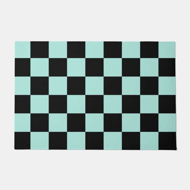 Retro Black Blue Checks Checkerboard Pattern    Doormat (Front)