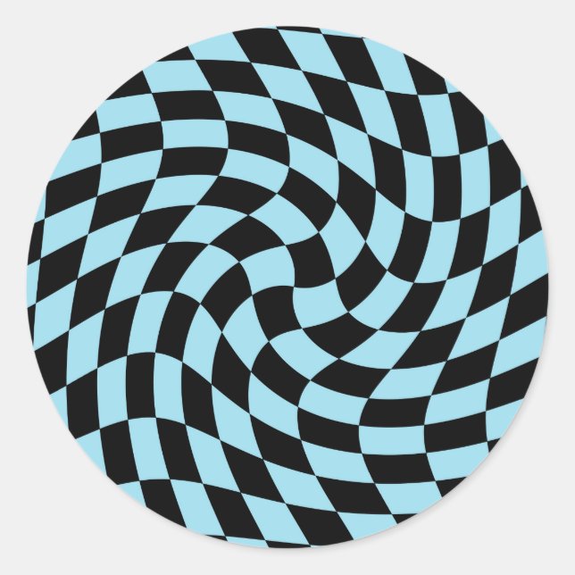 Retro Black Blue Warped Checks Checkered   Classic Round Sticker (Front)