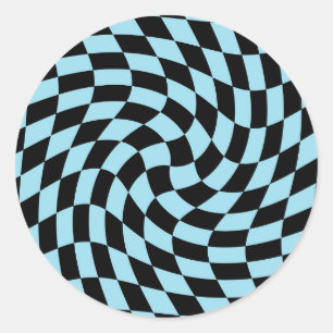 Retro Black Blue Warped Checks Checkered   Classic Round Sticker
