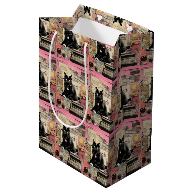 Retro Black Cat Collage Medium Gift Bag (Back Angled)