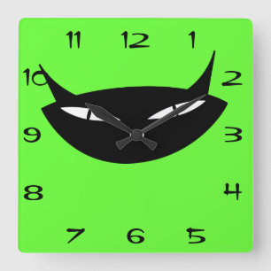 Retro black cat face with numbers square wall clock