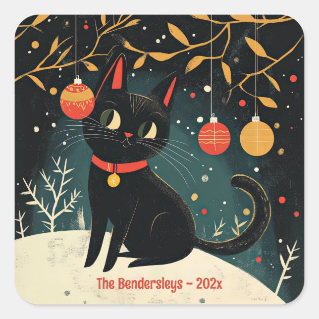 Retro Black Cat Fun Holiday Square Sticker (Front)