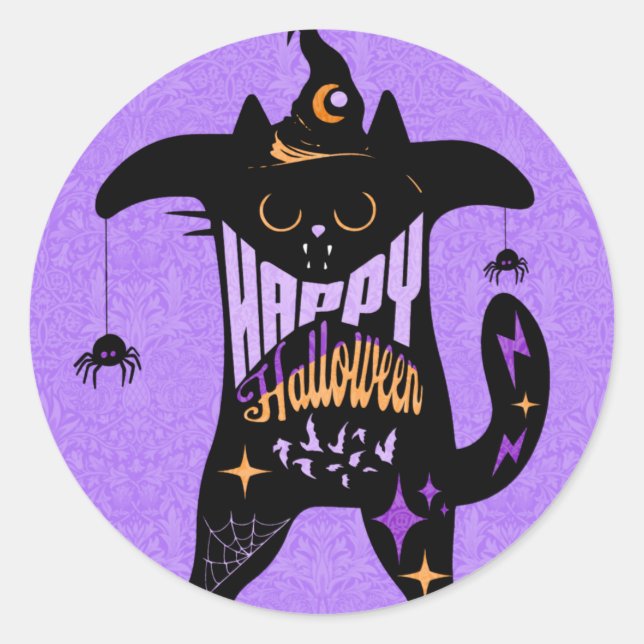 Retro Black Cat Funny Halloween    Classic Round Sticker (Front)