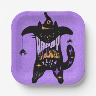 Retro Black Cat Funny Halloween Paper Plates