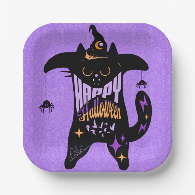 Retro Black Cat Funny Halloween   Paper Plates (Front)