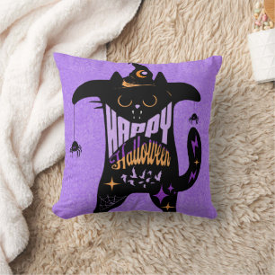 Retro Black Cat Funny Halloween Throw Pillow