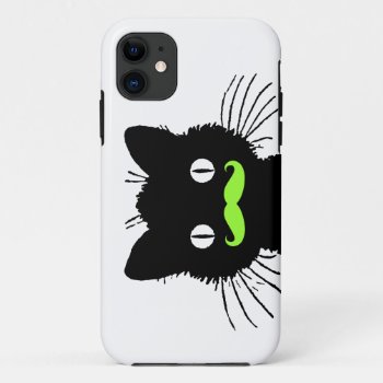 Retro Black Cat Funny Lime Green Mustache Iphone 11 Case by MovieFun at Zazzle