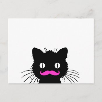Retro Black Cat Funny Pink Mustache Postcard by MovieFun at Zazzle