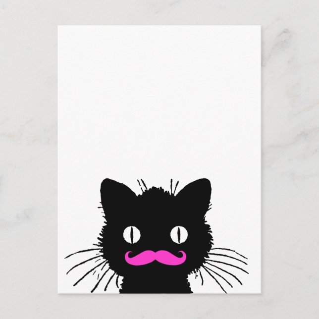 RETRO BLACK CAT FUNNY PINK MUSTACHE POSTCARD (Front)