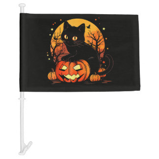 Retro Black Cat Halloween Pumpkin Car Flag