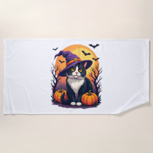 Retro Black Cat Halloween Pumpkin Costume For Men Beach Towel