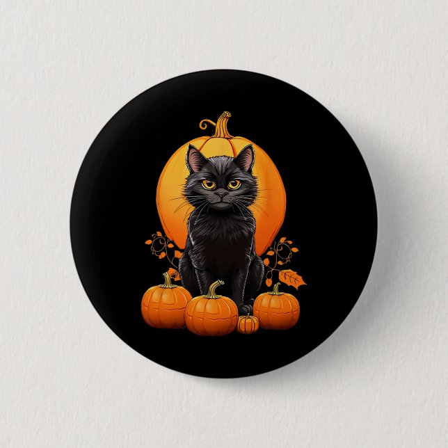 Retro Black Cat Halloween Pumpkin Costume For Wome Button (Front)