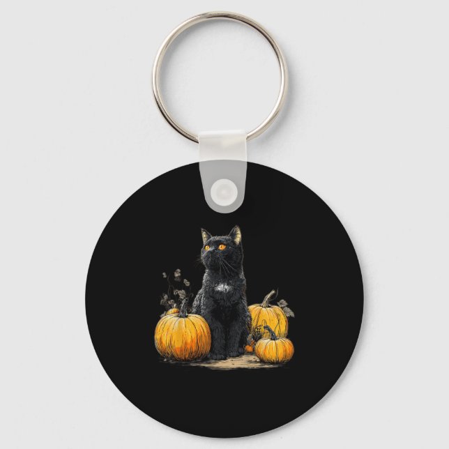 Retro Black Cat Halloween Pumpkin Costume For Wome Keychain (Front)