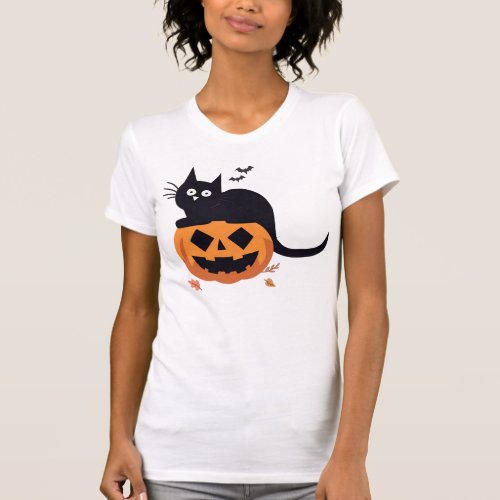 Retro Black Cat Halloween Pumpkin Costume Womens T_Shirt