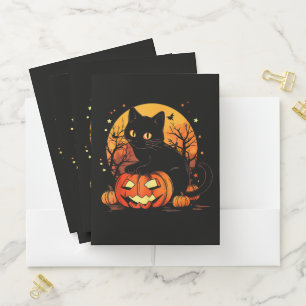 Retro Black Cat Halloween Pumpkin Pocket Folder