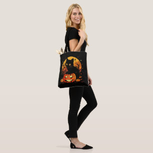 Retro Black Cat Halloween Pumpkin Tote Bag
